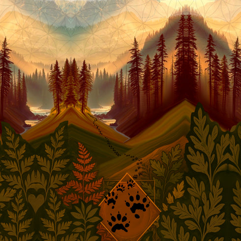 Geometric mountain landscape with trees and a decorative paw print emblem.